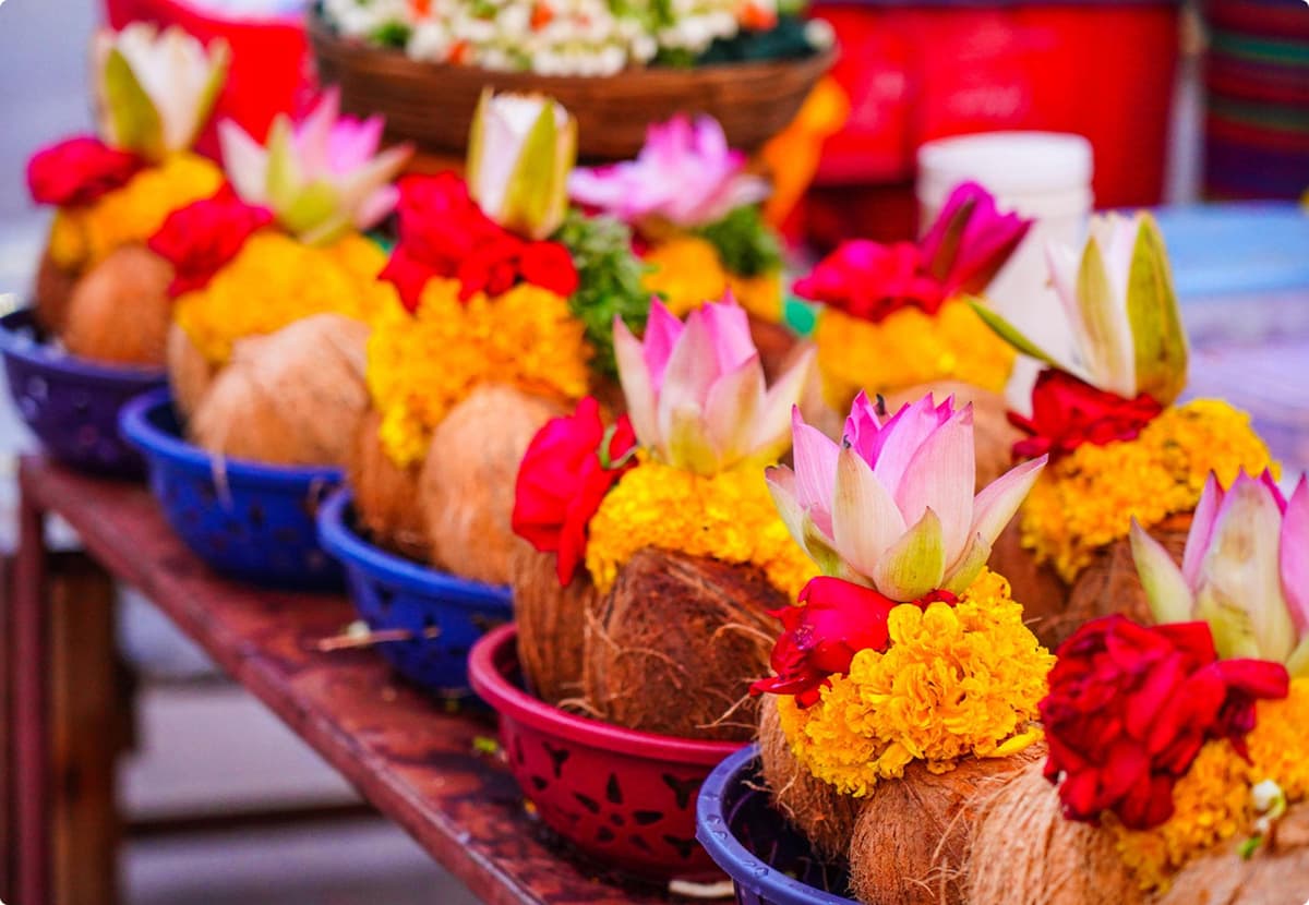 Authentic Tamil temple with sacred lamps